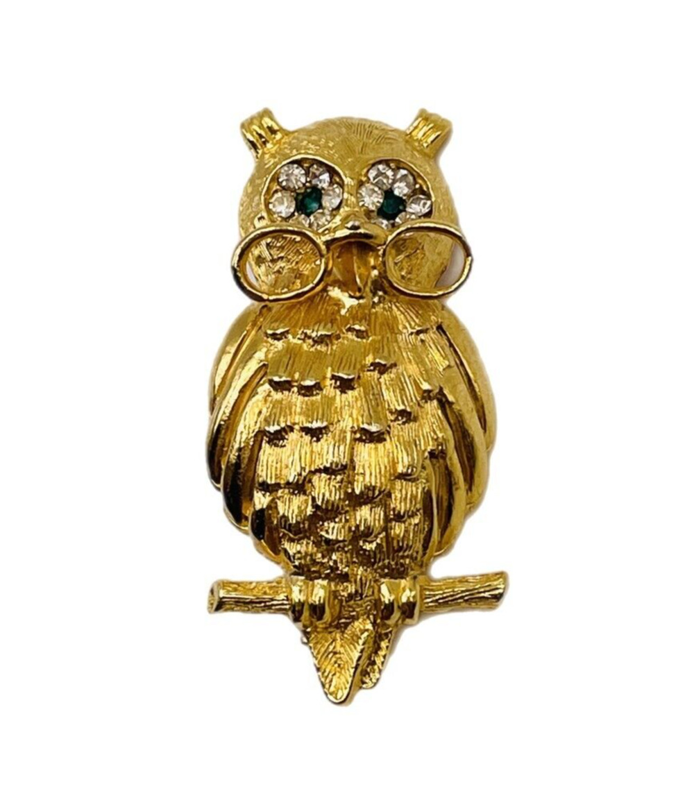 1950s Jeanne Owl Professor Pin Brooch Green Clear Crystal Eyes Golden Body VTG